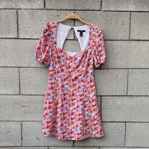 Red & Pink Floral Mini Dress with Puff Sleeves